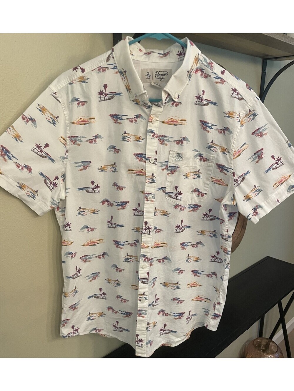 Men’s Original Penguin St. Tropez Print Stretch Cotton Button Down Shirt Medium